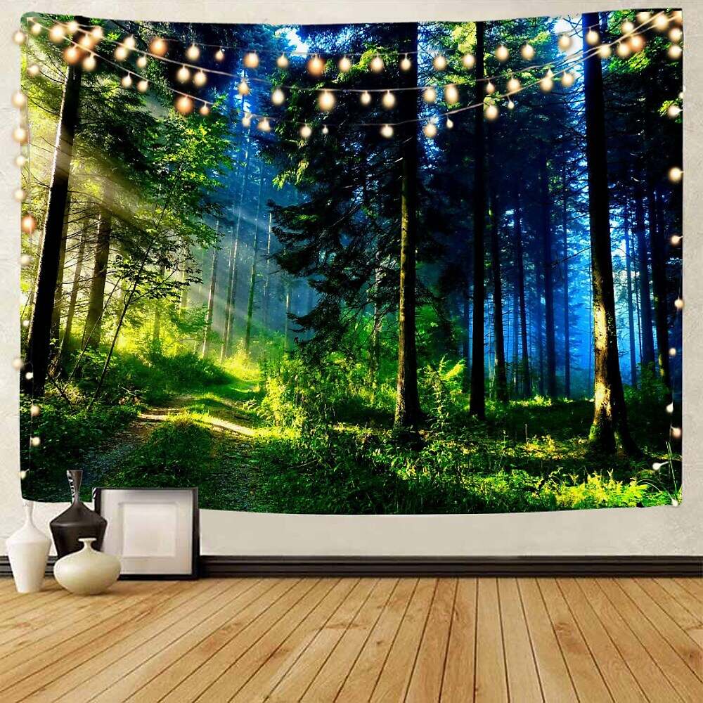 Landscape Tree Wall Tapestry Art Decor Misty Forest Nature Sunshine Through Tree