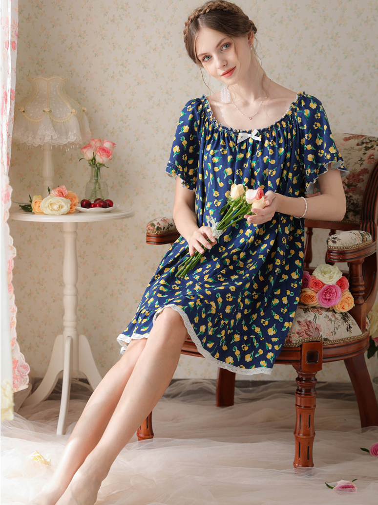 Simple Plain Cotton Floral Others Nightdress