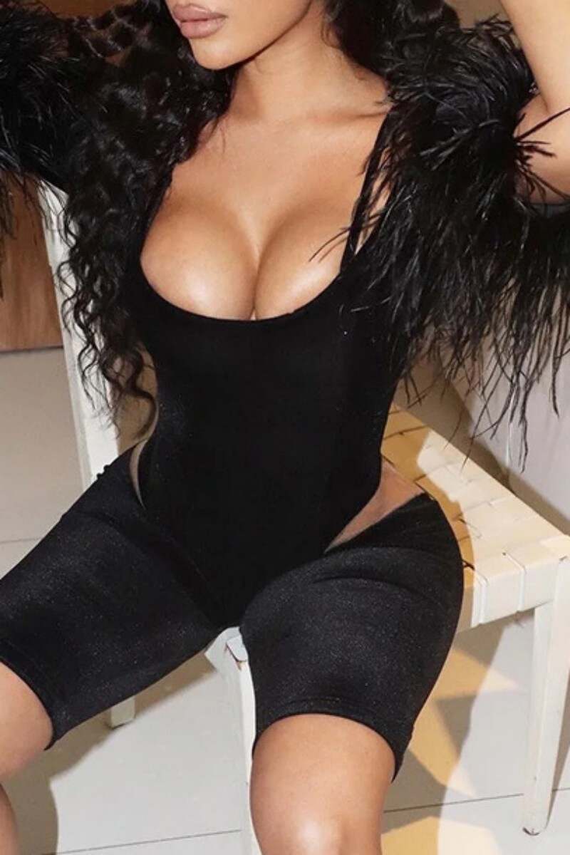 Black Sexy Solid Patchwork See-through O Neck Romper