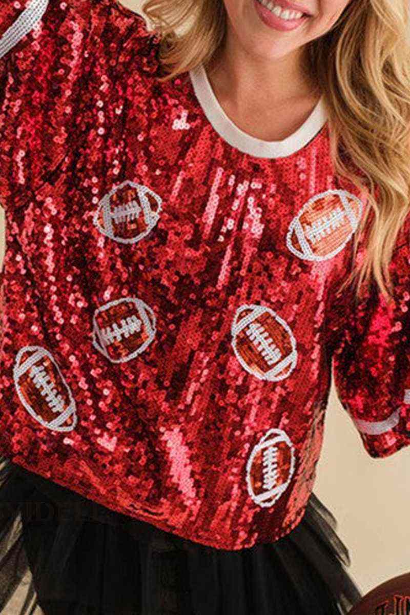 Red Casual Patchwork Sequins O Neck T-Shirts