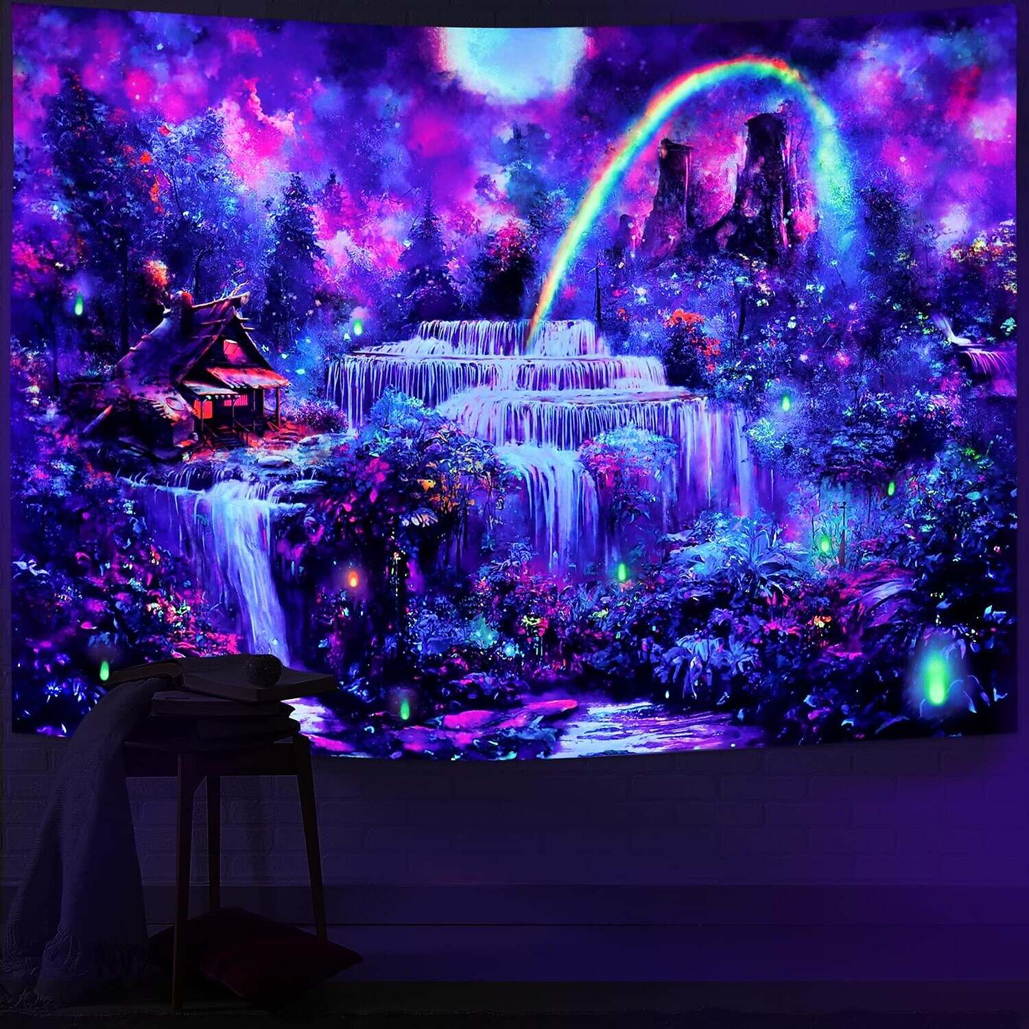 Blacklight Tapestry UV Reactive Trippy Wonderland Misty Forest Nature Landscape