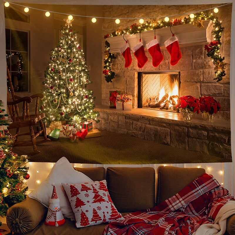 Christmas Decor LED Lights Wall Tapestry Fireplace Christmas Tree Print