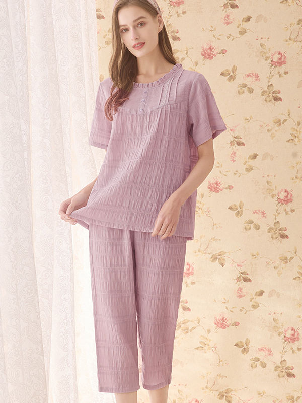 Crew Neck Cotton Regular Sleeve Simple Pajama Set