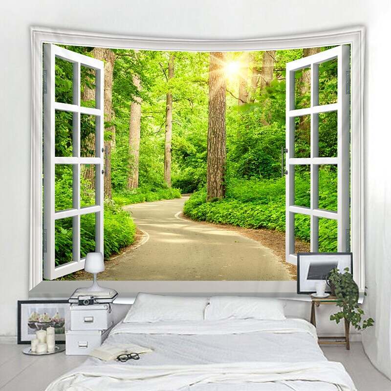 Window Landscape Wall Tapestry Art Decor Forest Flower Field