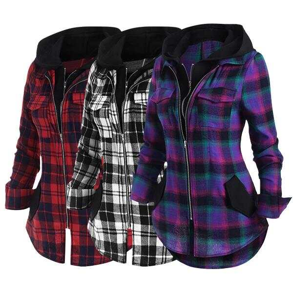 Double Zipper Plaid Pocket Hooded Shirt Jacket