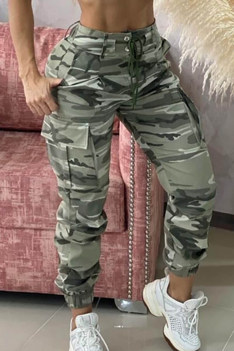 Camouflage Casual Camouflage Print Patchwork Draw String Pocket Buttons Zipper Regular Mid Waist Conventional Full Print Bottoms