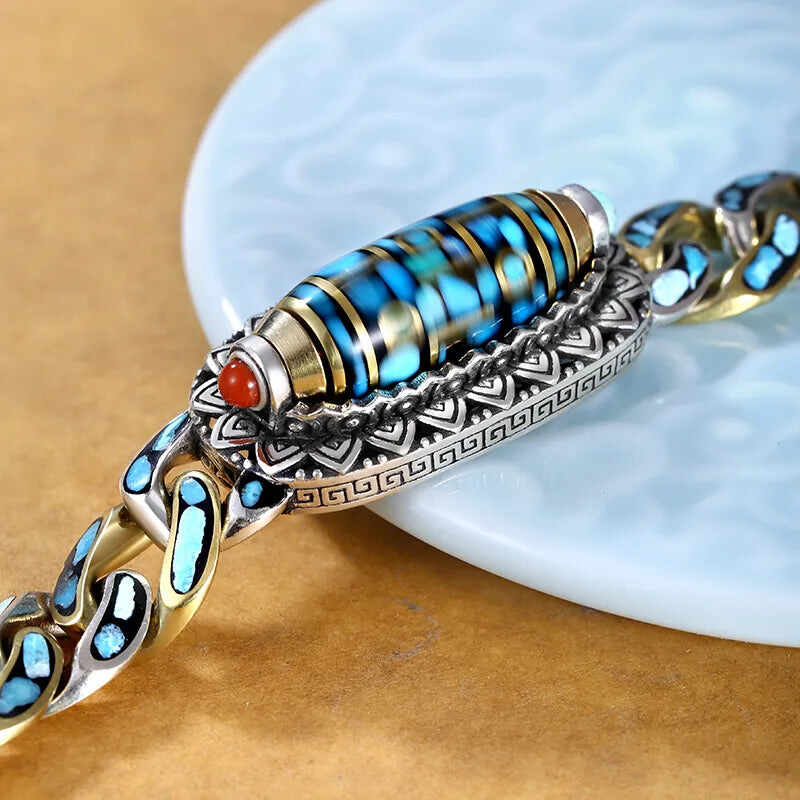 (HOT BUY!!)Azure Serenity: Six-Mantra Nine-Eyed Dzi Bead Bracelet