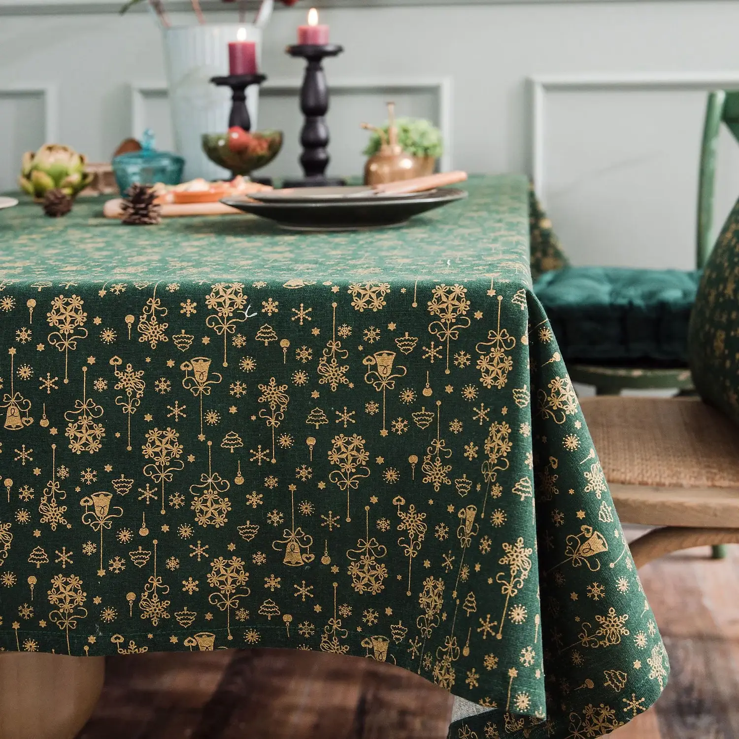 Christmas Snowflake Cotton Linen Rectangle Tablecloth for Kitchen Dining, Party, Holiday, Christmas, Buffet