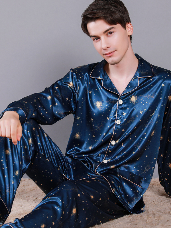 Ice Silk Starry Sky Casual V Neck Long Sleeve Couple Pajama Set