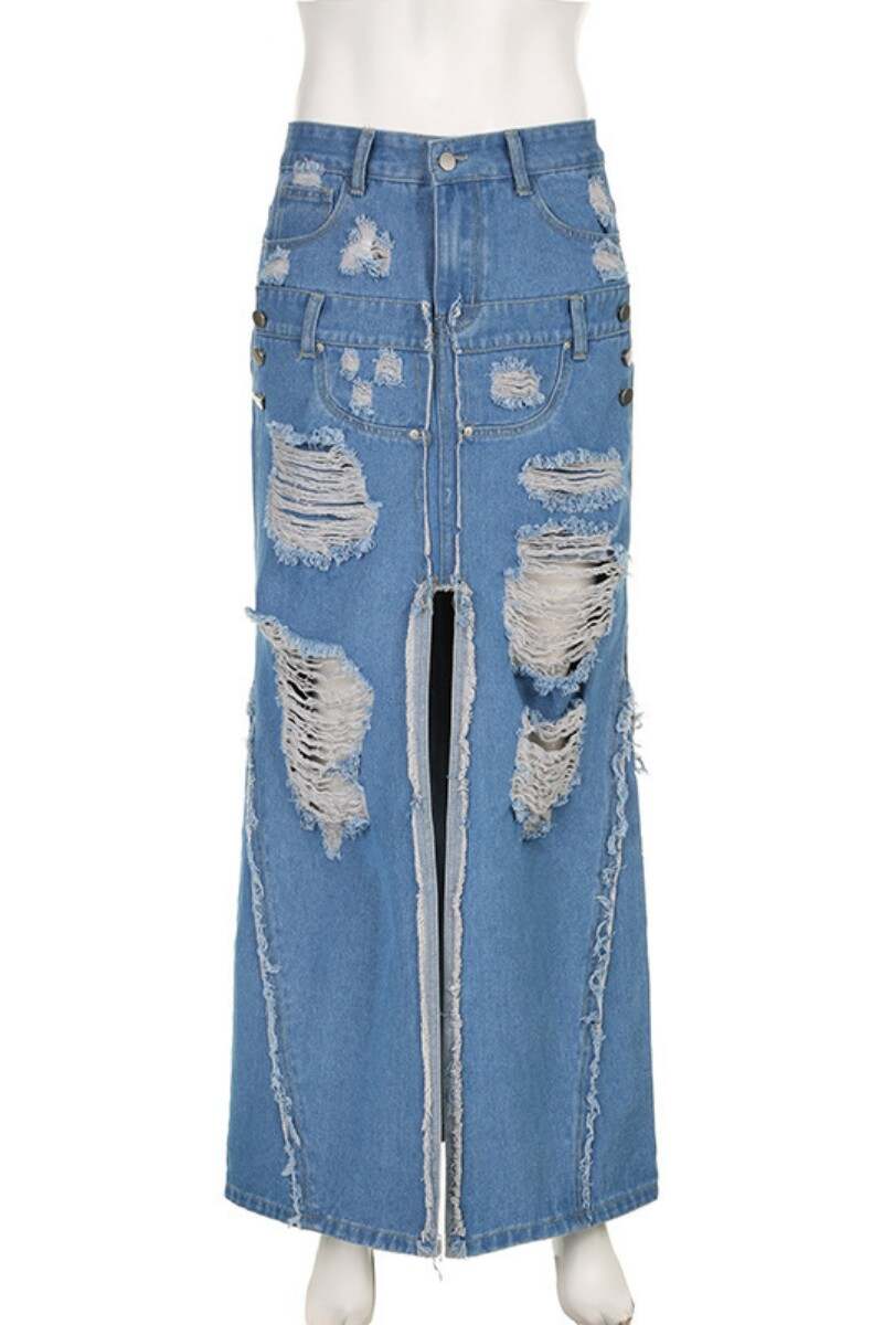 Blue Casual Solid Ripped Patchwork Slit High Waist Regular Denim Skirts