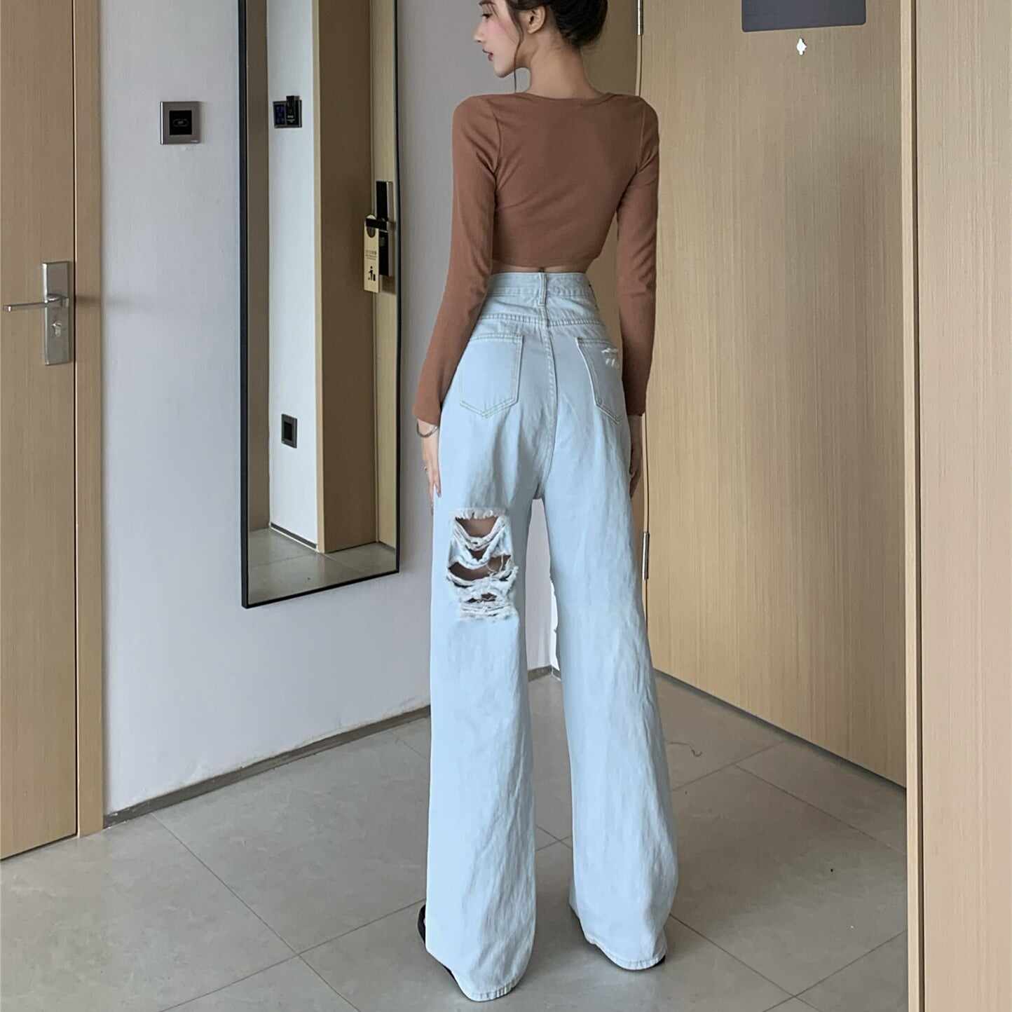 Ripped Straight Wide Leg Pants