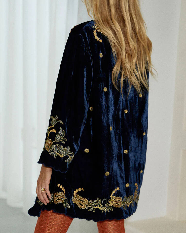 Mid-Length Velvet Embroidered Cardigan Jacket