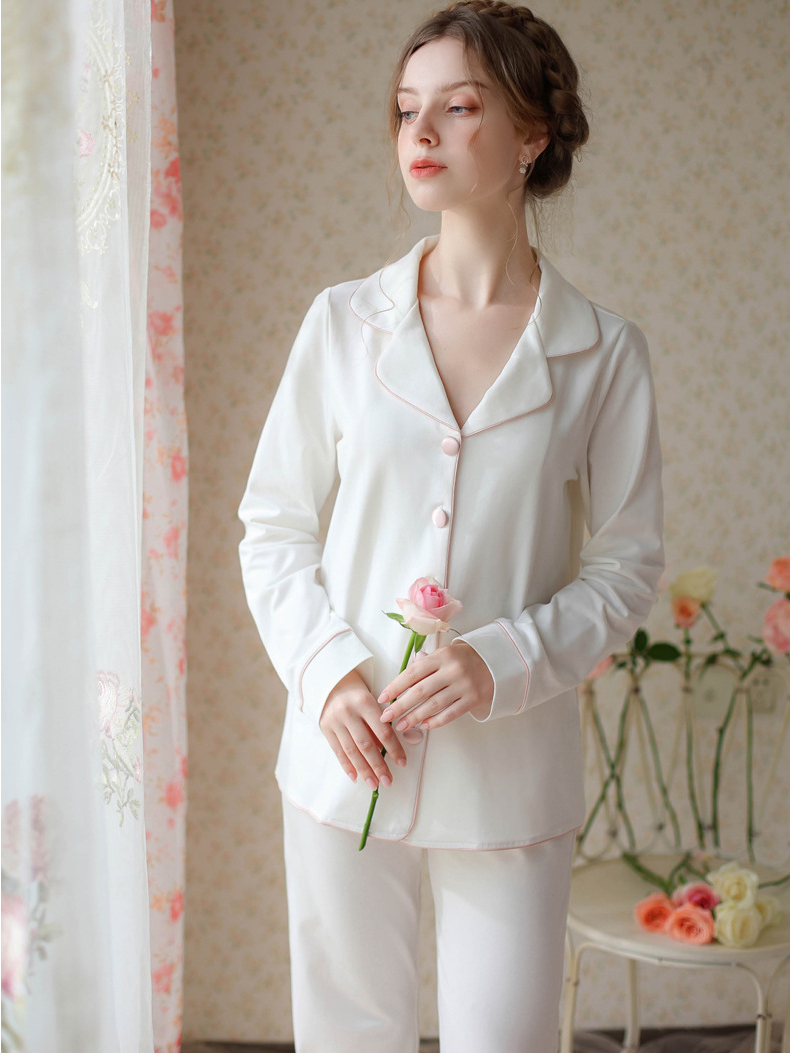 Cotton Elegant V Neck Plain  Long Sleeve Pajama Set