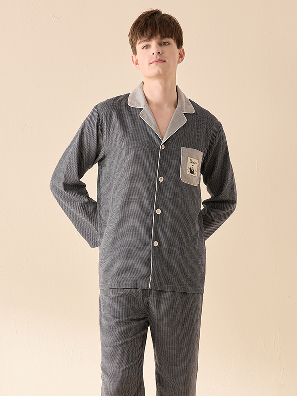 Cotton Houndstooth Simple V Neck Long Sleeve Couple Pajama Set