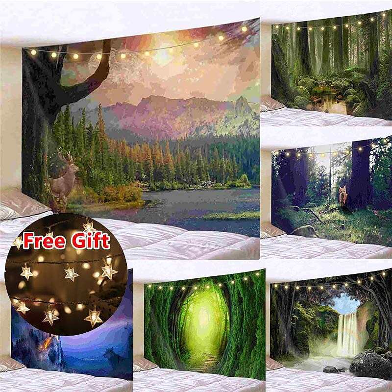 Landscape LED Lights Wall Tapestry Art Decor Forest Animal Print