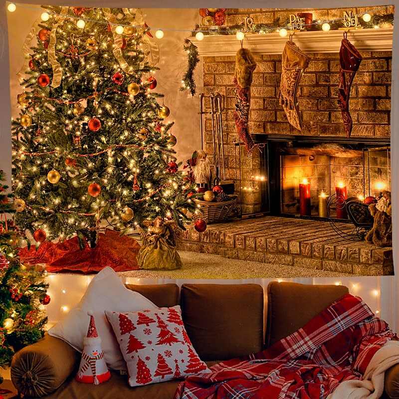 Christmas Decor LED Lights Wall Tapestry Fireplace Christmas Tree Print