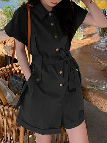 Women Jumpsuits & Rompers | Solid Belt Button Front Pocket Short Sleeve Lapel Cargo Romper - EZ35724