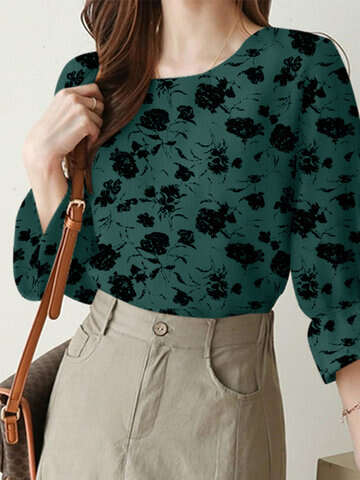 Women Blouses & Shirts | Random Allover Floral Print Crew Neck 3/4 Sleeve Blouse - KX82842