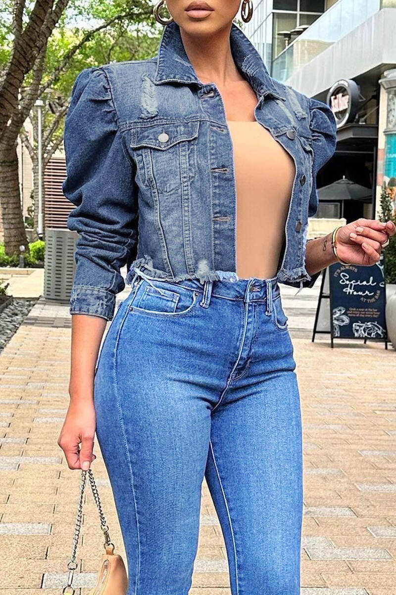 Blue Casual Solid Ripped Buckle Turndown Collar Long Sleeve Denim Jacket