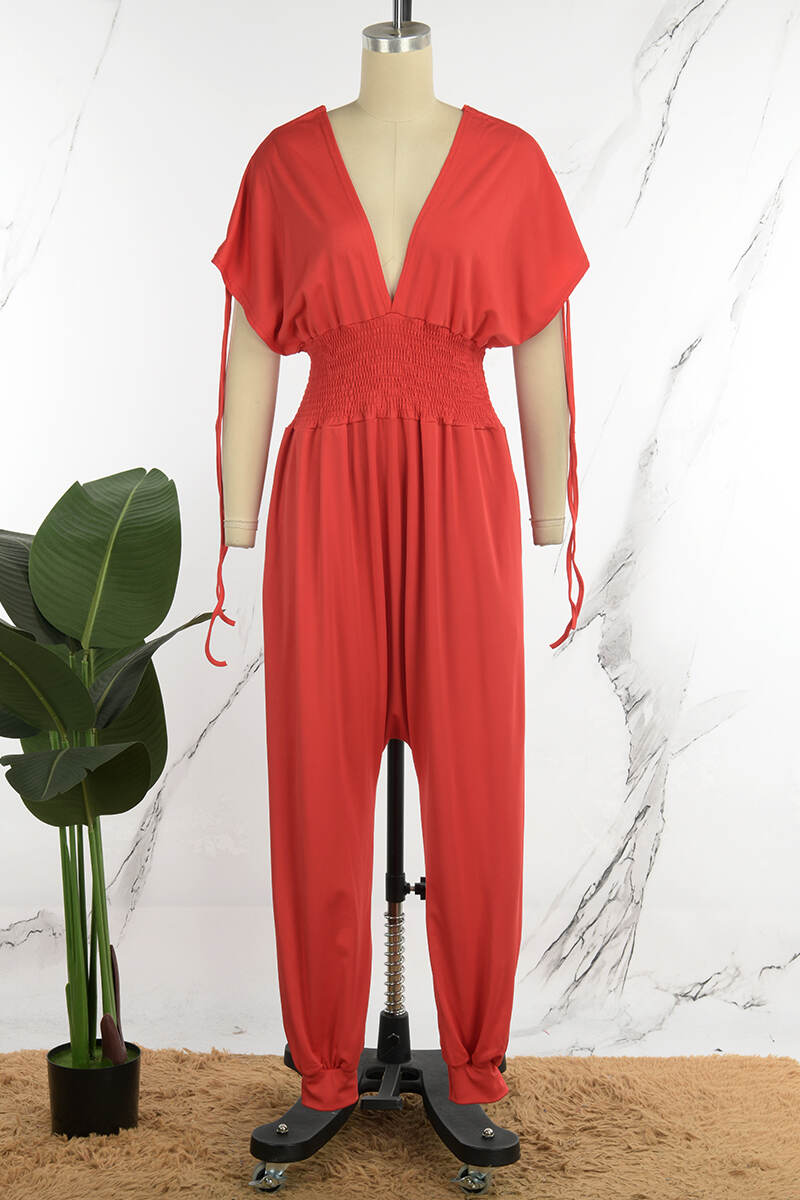 Red Casual Solid Patchwork Draw String V Neck Loose Jumpsuits