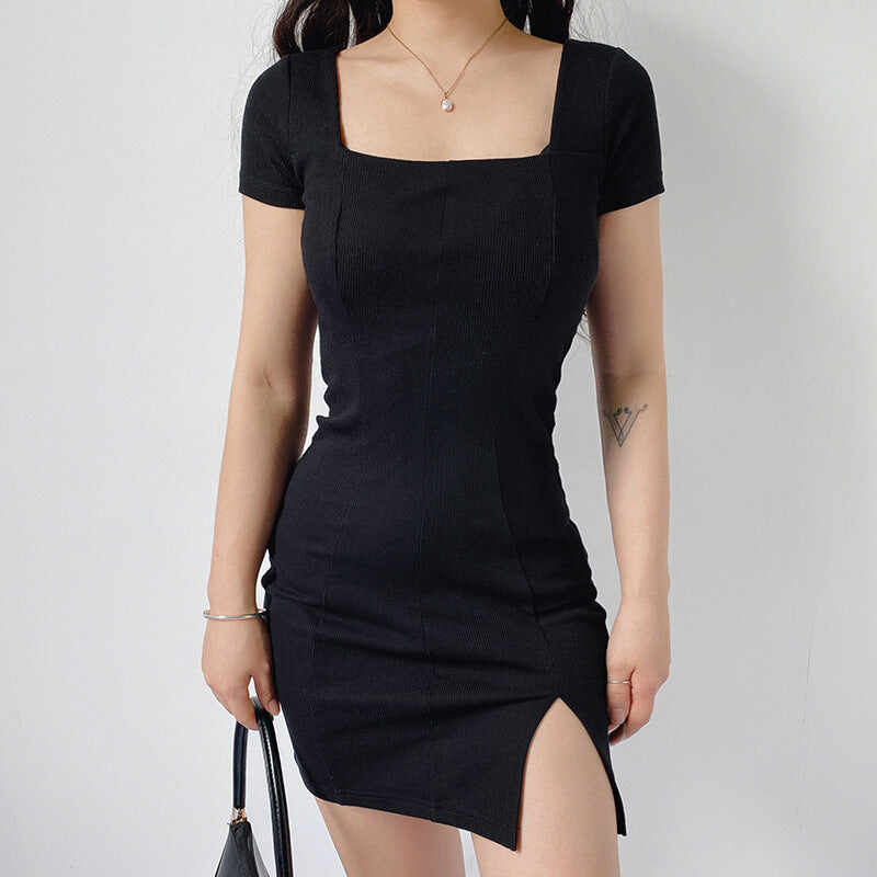 Neck Pleated Waist Slim Dress