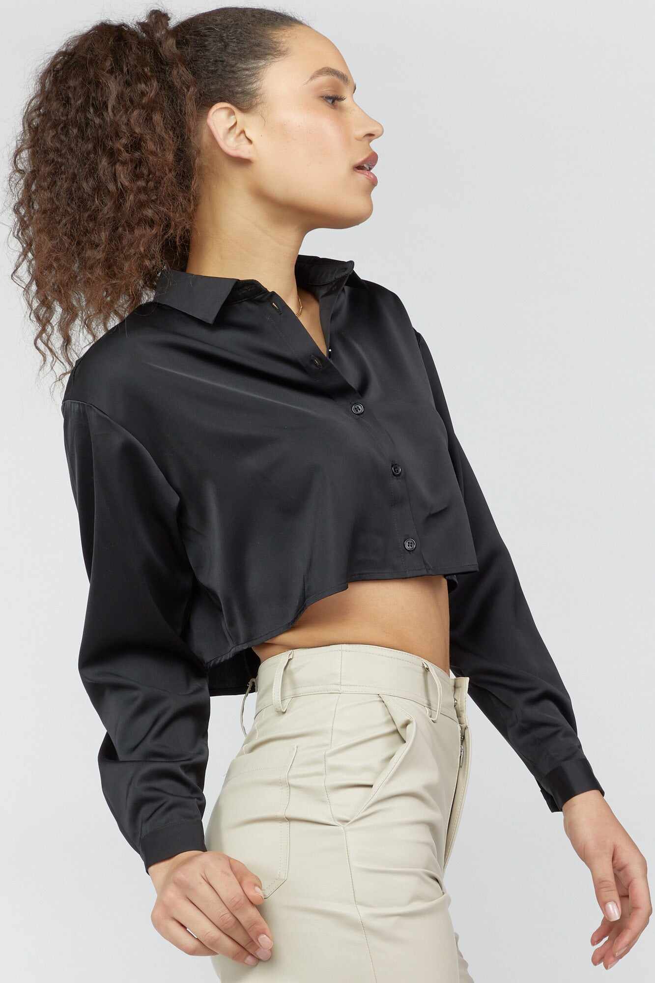 Women Apparel | Satin Button-Front Cropped Shirt Taupe Forever21 - LV97076