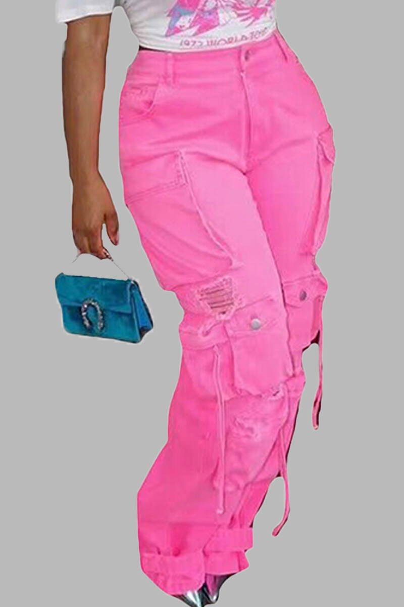 Fluorescent Pink Casual College Solid Ripped Make Old Patchwork Pocket High Waist Denim Jeans