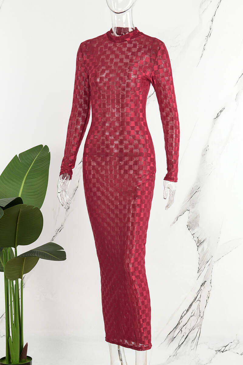 Red Sexy Plaid See-through Turtleneck Long Sleeve Dresses