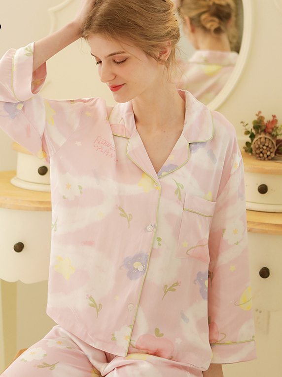 Satin Elegant Star Shawl Collar Long Sleeve Pajama Set