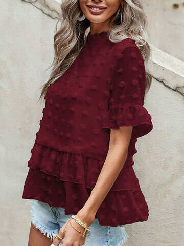 Women Blouses & Shirts | Swiss Dot Solid Ruffle Tiered Chiffon Bell Sleeve Romantic Blouse - KN24584