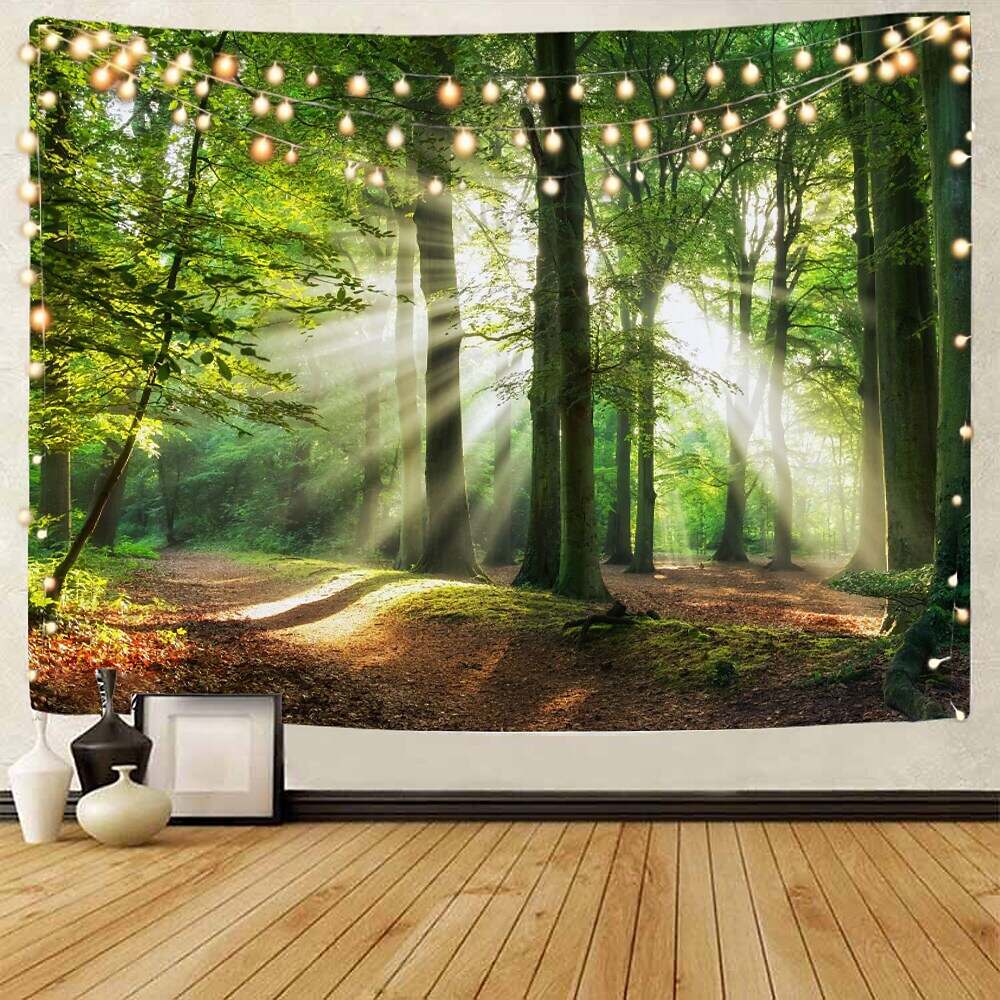 Landscape Tree Wall Tapestry Art Decor Misty Forest Nature Sunshine Through Tree