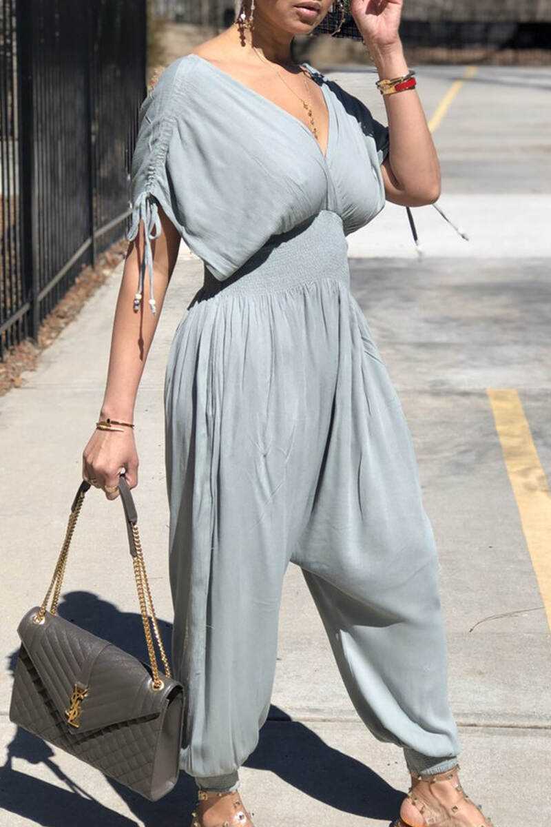 Grey Casual Solid Patchwork Draw String V Neck Loose Jumpsuits