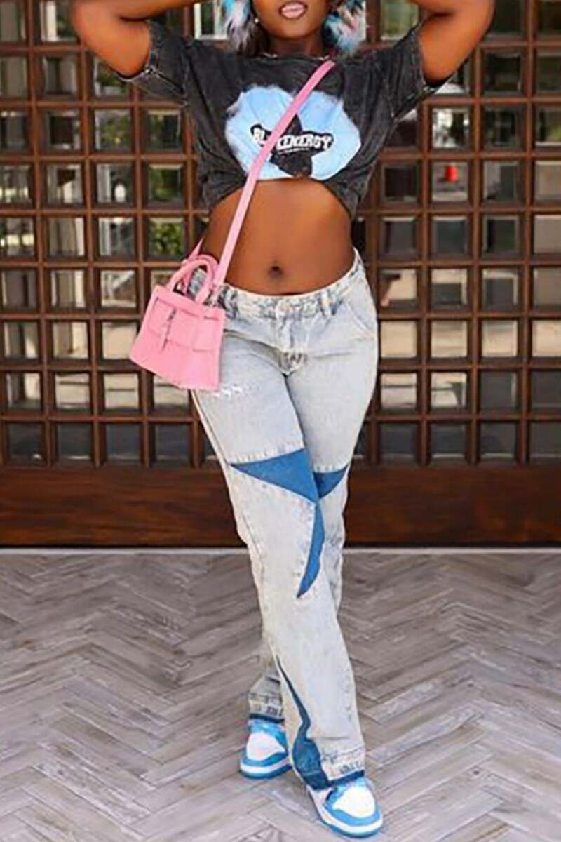 Light Blue Casual Print Patchwork High Waist Regular Denim Jeans