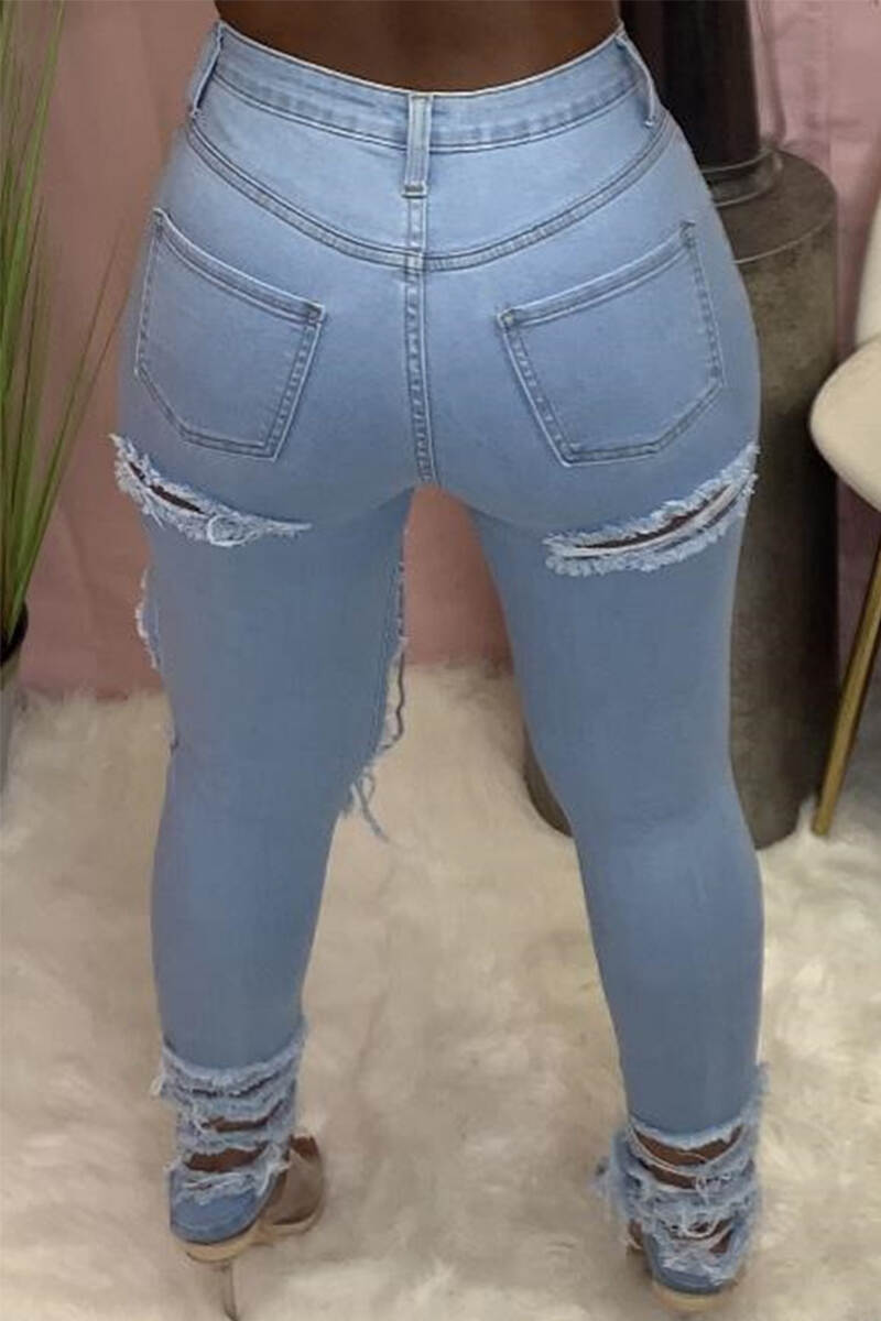 Light Blue Casual Solid Hollowed Out Patchwork Pocket Buttons Zipper Mid Waist Regular Denim Jeans