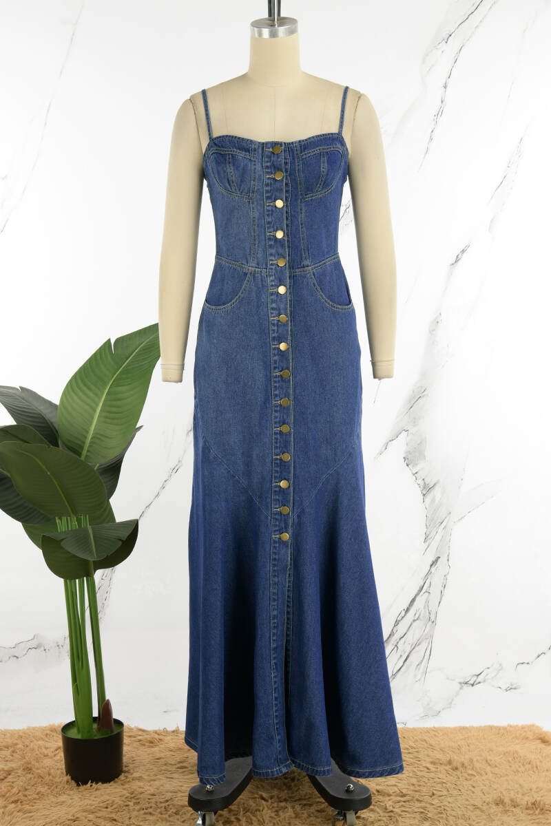 Blue Sexy Casual Solid Backless Spaghetti Strap Skinny Denim Dresses