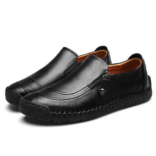 Men Hand Stitching Zipper Slip-ons Leather Shoes