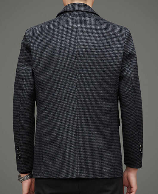 Business Plain Gingham Jacquard Lapel Collar Two Button Wool Blazer