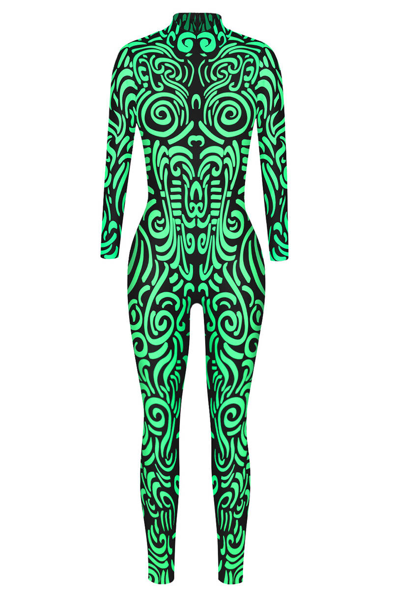 Fluorescent Green Sexy Print Patchwork Zipper O Neck Skinny Jumpsuits