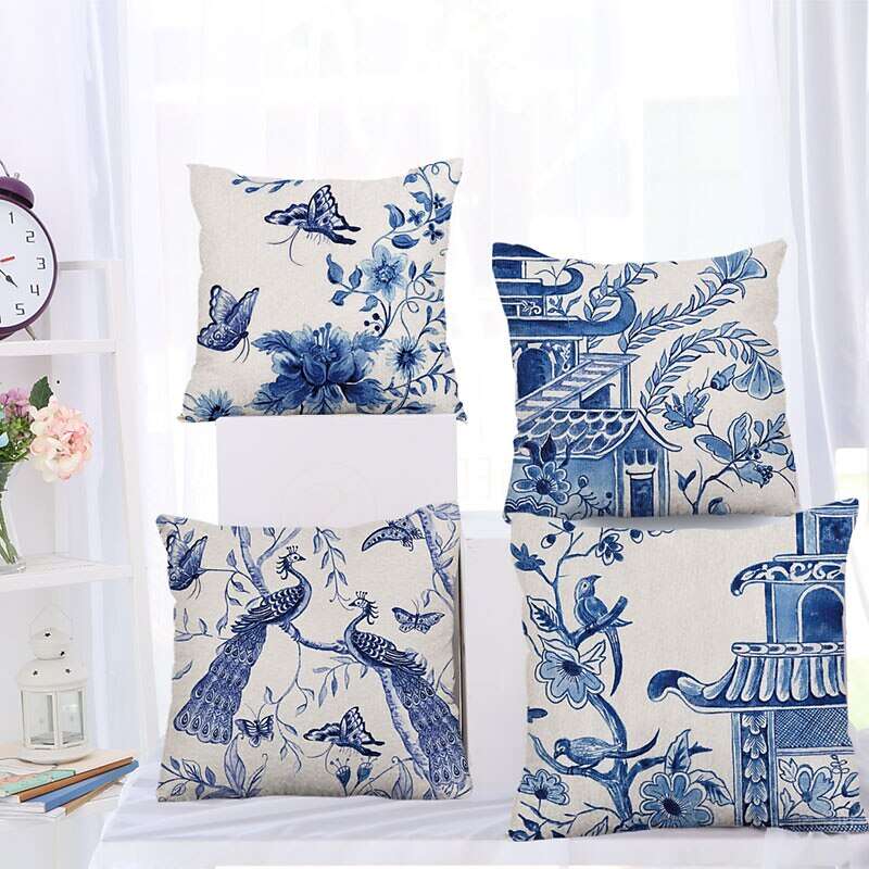 Blue And White Porcelain Flowers Cushion Cover 4PCS Soft Decorative Square Throw Pillow Cover Cushion Case Faux Linen Pillowcase for Sofa Bedroom Superior Quality Mashine Washable