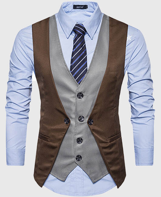 Casual Color Block Single Breasted Slim Fit Fake Two Pieces Blazer Vest