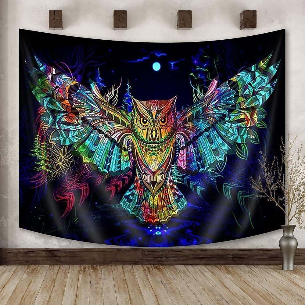 Trippy Owl Wall Tapestry Art Decor Psychedelic Wall Hanging Forest