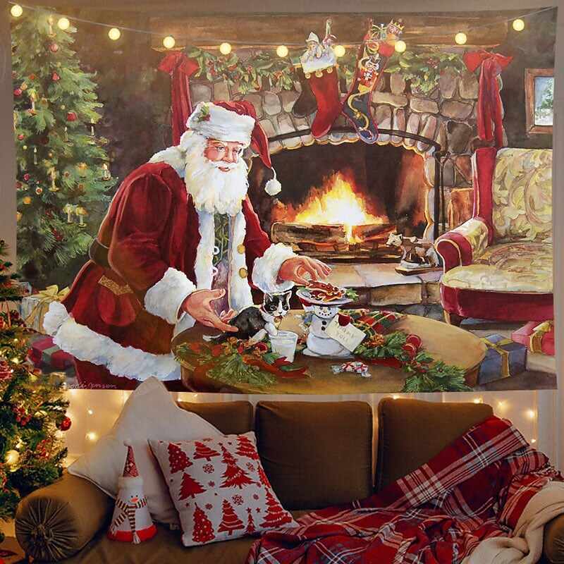 Christmas Decor LED Lights Wall Tapestry Fireplace Santa Claus Print