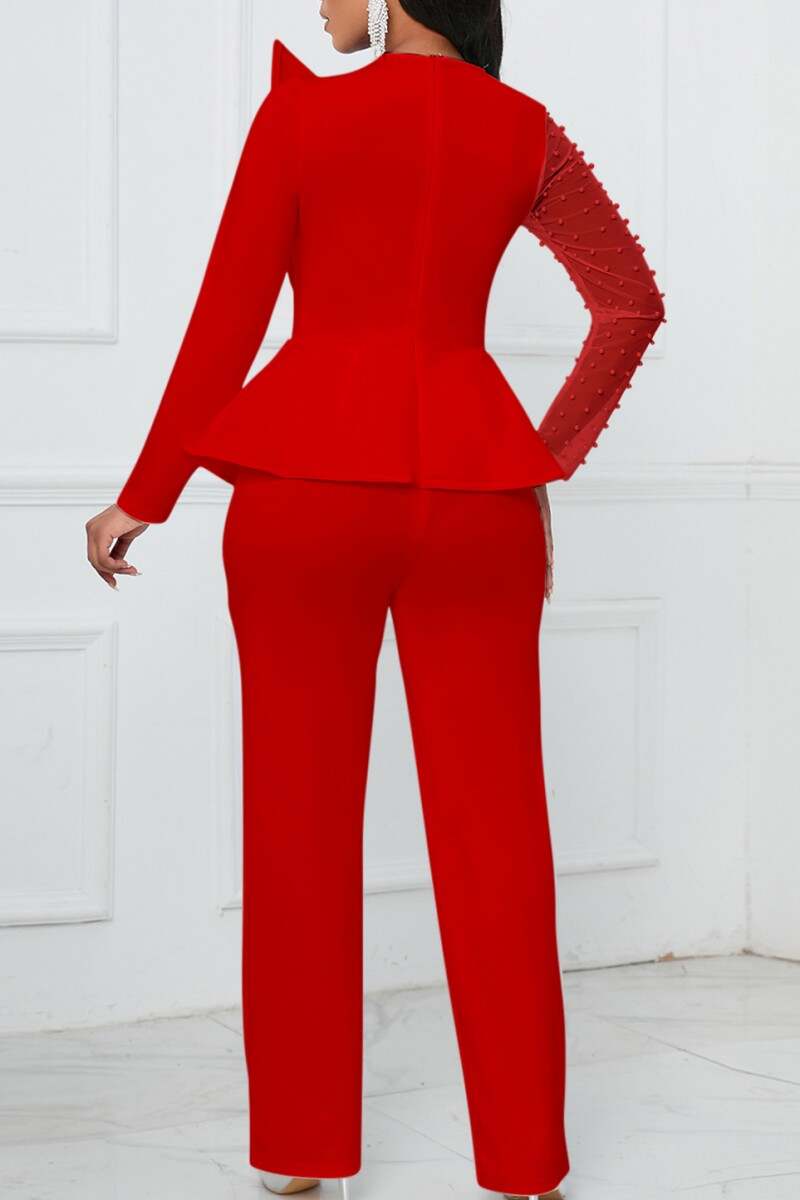 Red Casual Solid Patchwork Beading O Neck Regular Jumpsuits