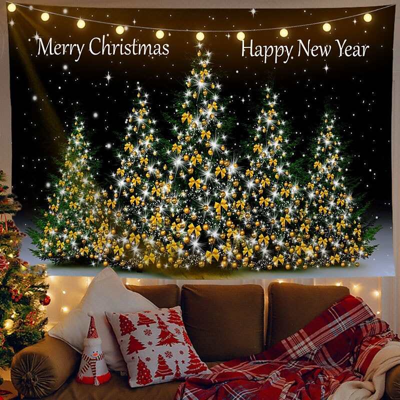 Christmas Decor LED Lights Wall Tapestry Snow Forest Christmas Tree Print