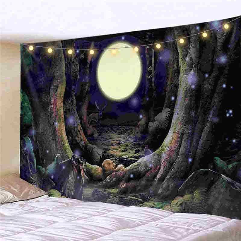 Landscape LED Lights Wall Tapestry Art Decor Forest Green Tree Print