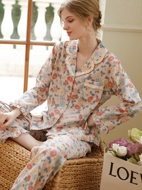 Casual Floral Regular Fit Cotton Simple Long Sleeve Pajama Set