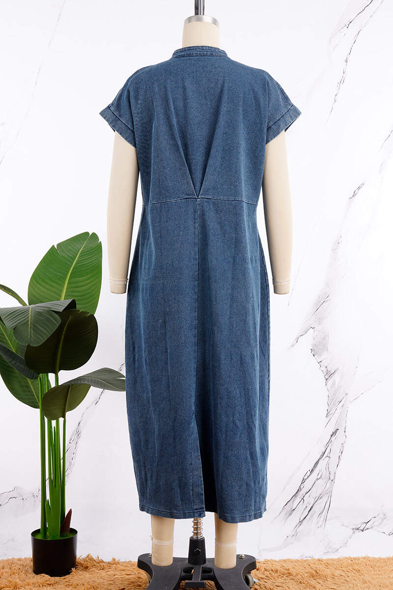 Blue Casual Solid Patchwork Pocket Slit Mandarin Collar Short Sleeve Regular Denim Dresses