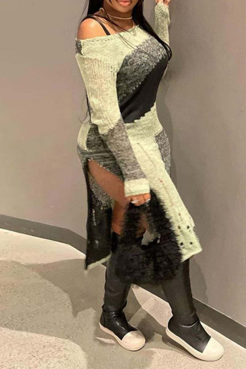 Green Casual Patchwork Ripped Slit O Neck Long Sleeve Dresses