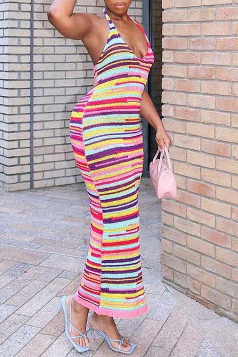 Colour Sexy Print Bandage Backless Halter Long Dress Dresses