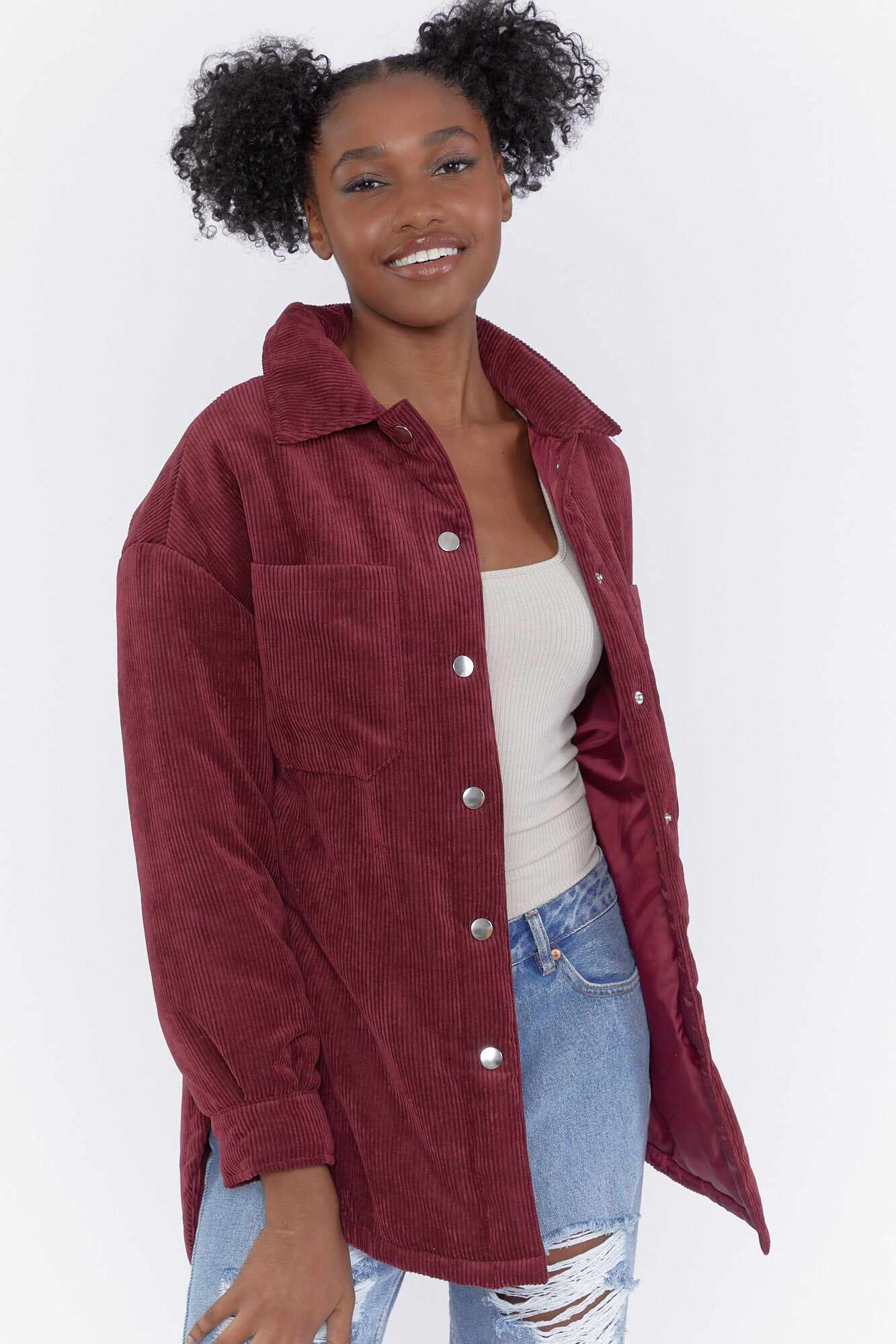 Women Apparel | Corduroy Puffer Shacket Burgundy Forever21 - HF85532